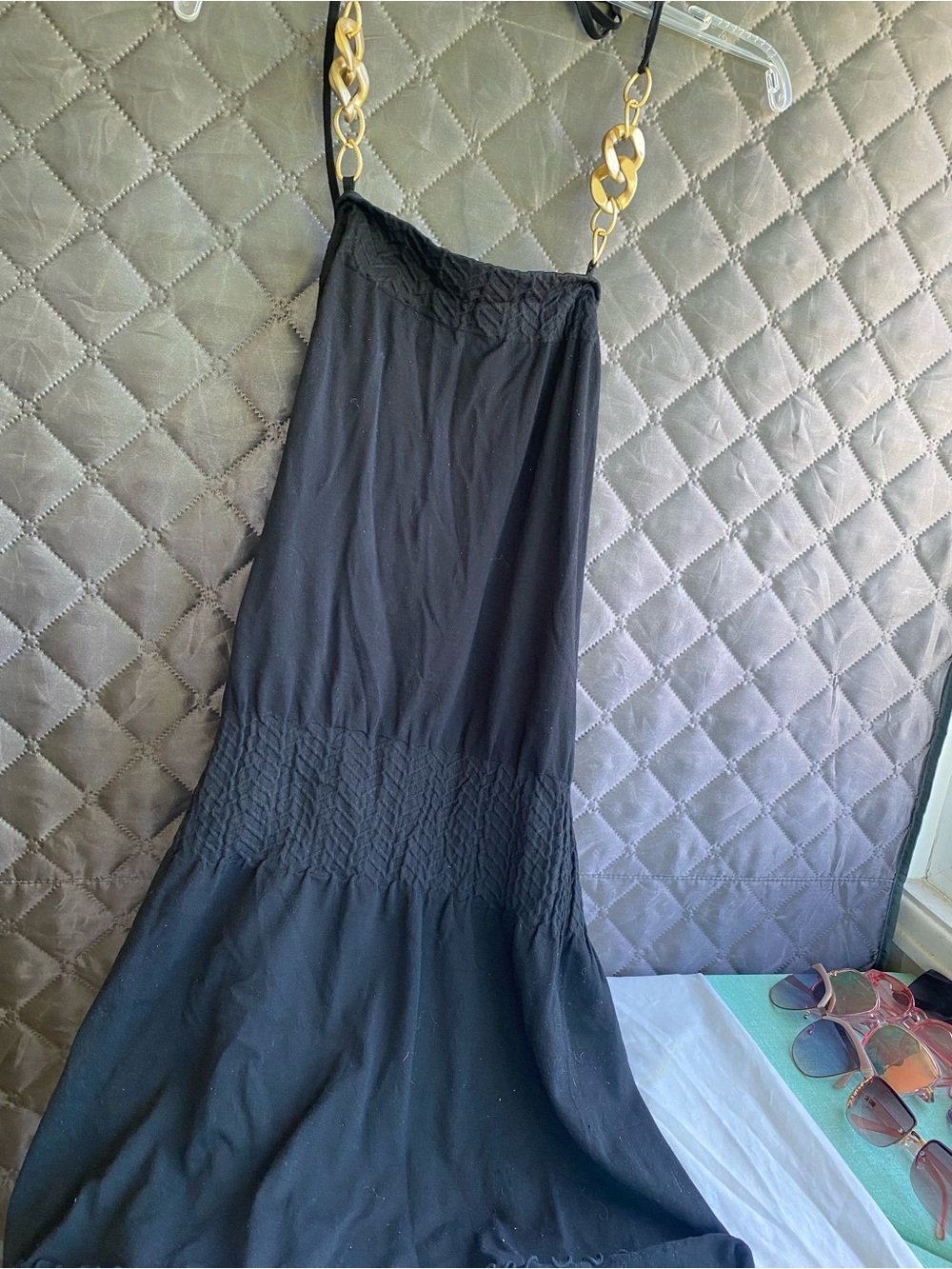 Vintage Y2K GUILTY! Smocked Waist gold chain halter mini dress.